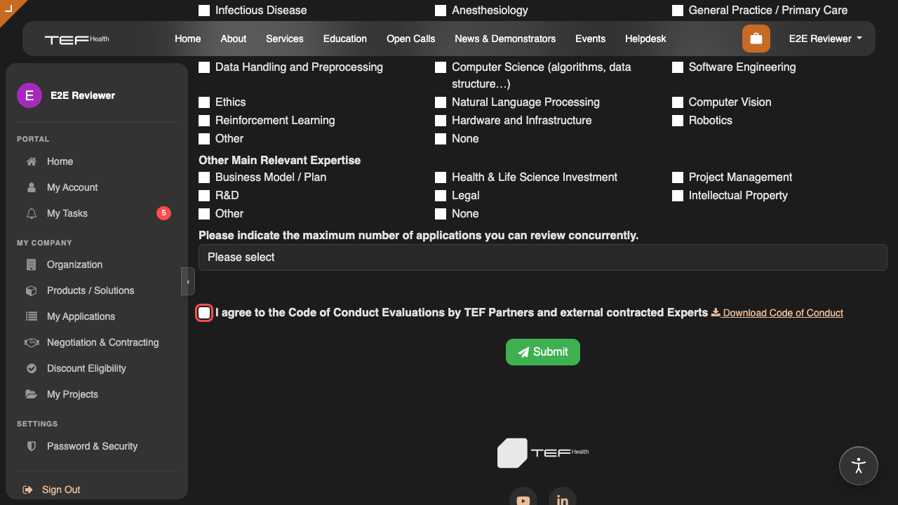 The Code of Conduct download and the Submit button