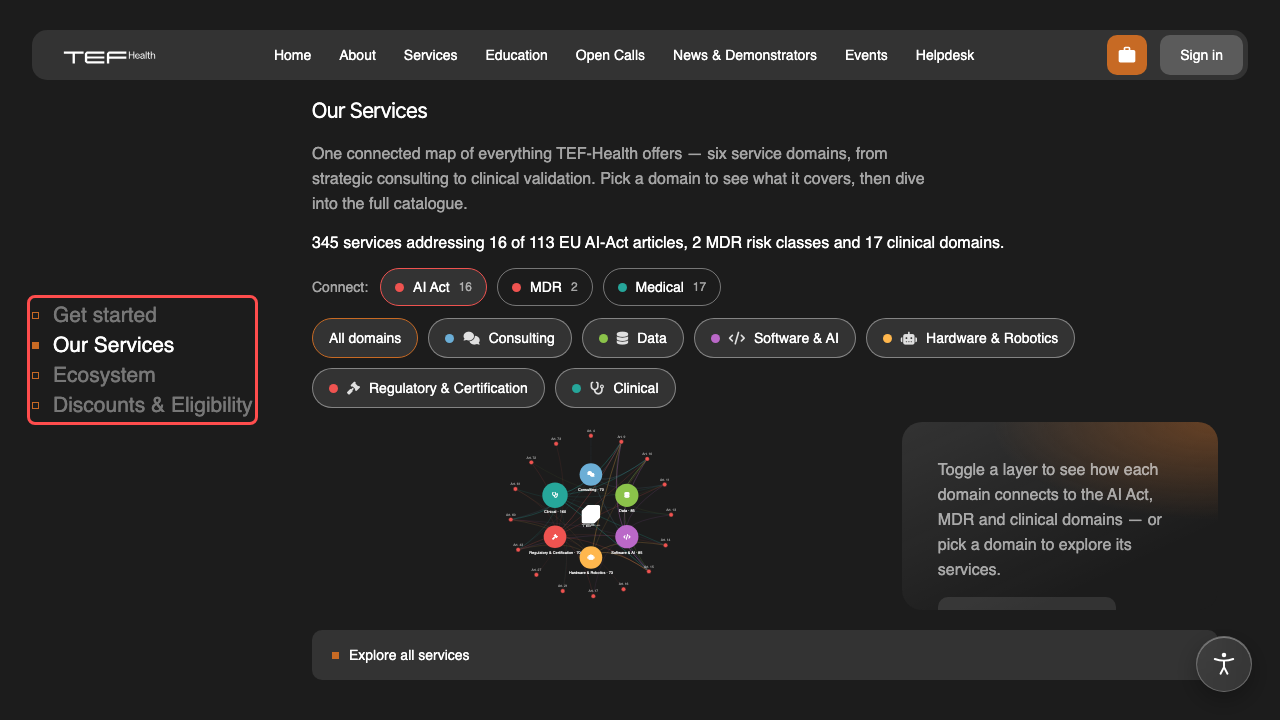 The homepage opened at Our Services, with the section rail on the left